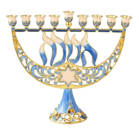 Ner Mitzvah Other - Blue Jeweled Calligraphy Menorah